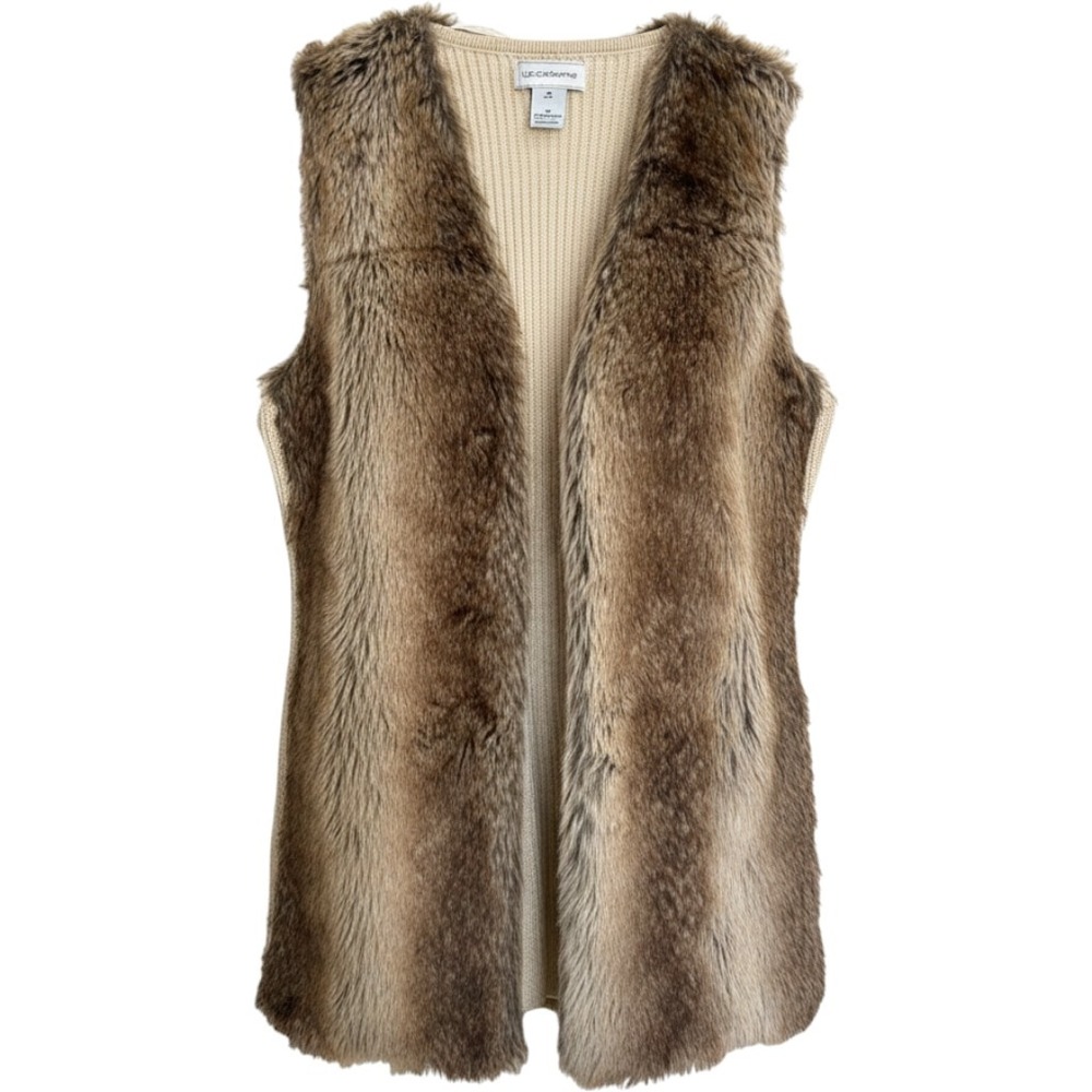 Liz Claiborne Faux Fur Ribbed Knit Vest Size M Cream Brown Open Front Apres Ski
